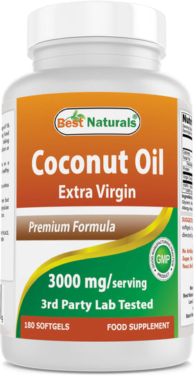 Best Naturals coconut oil softgel bottle and label, premium quality and purity.