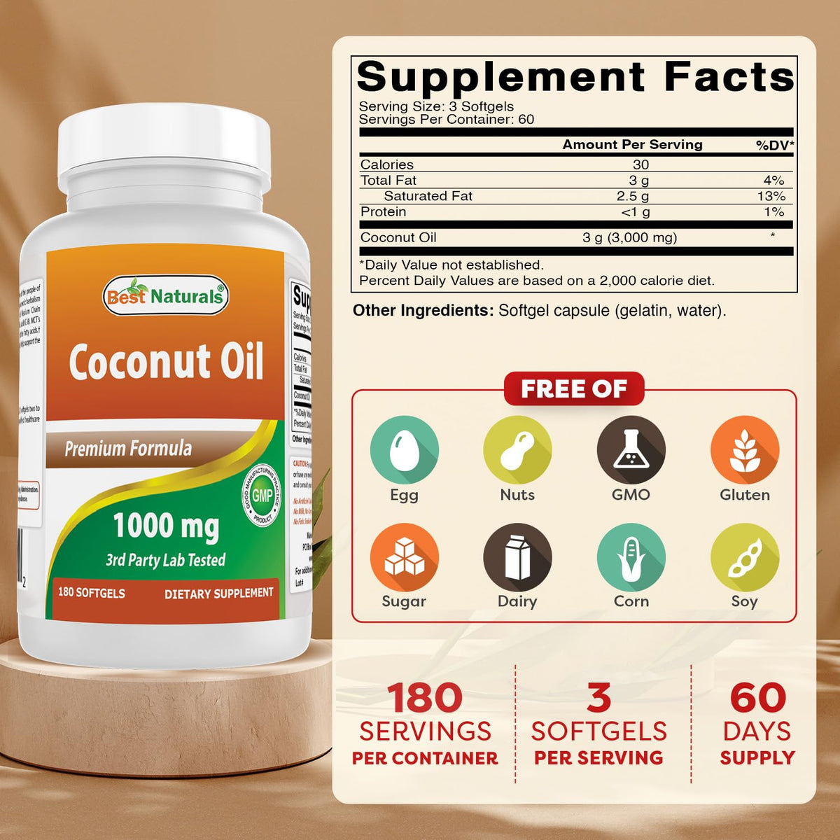 Best Naturals softgel capsules close-up, 1000 mg per softgel for convenient dosing.