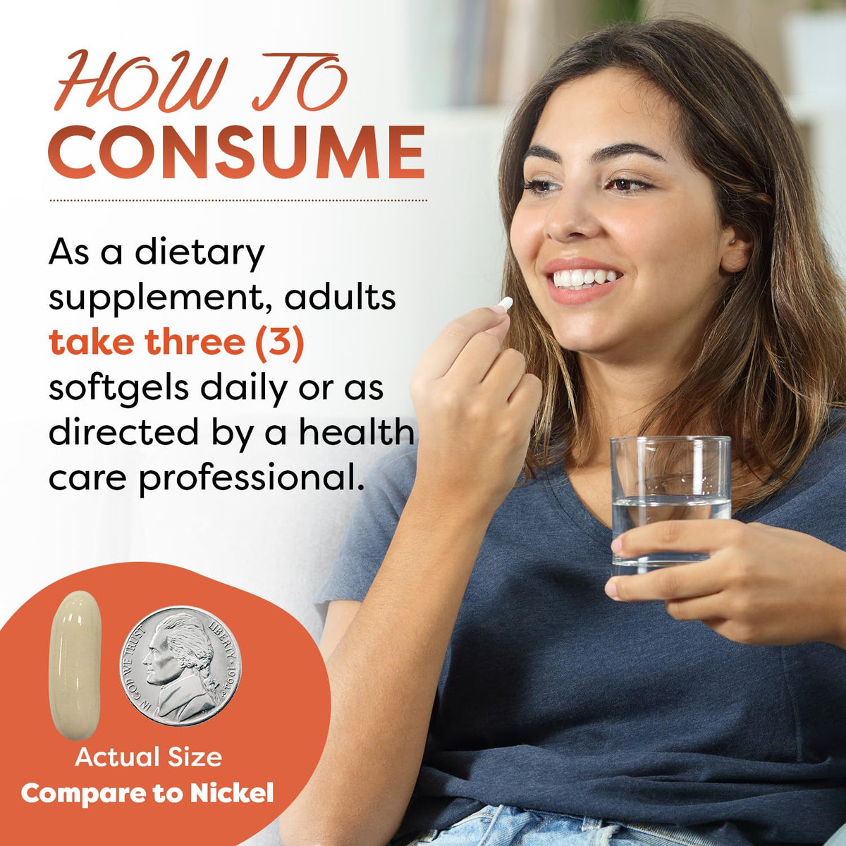 Best Naturals coconut oil softgels pouring from bottle, easy daily use.