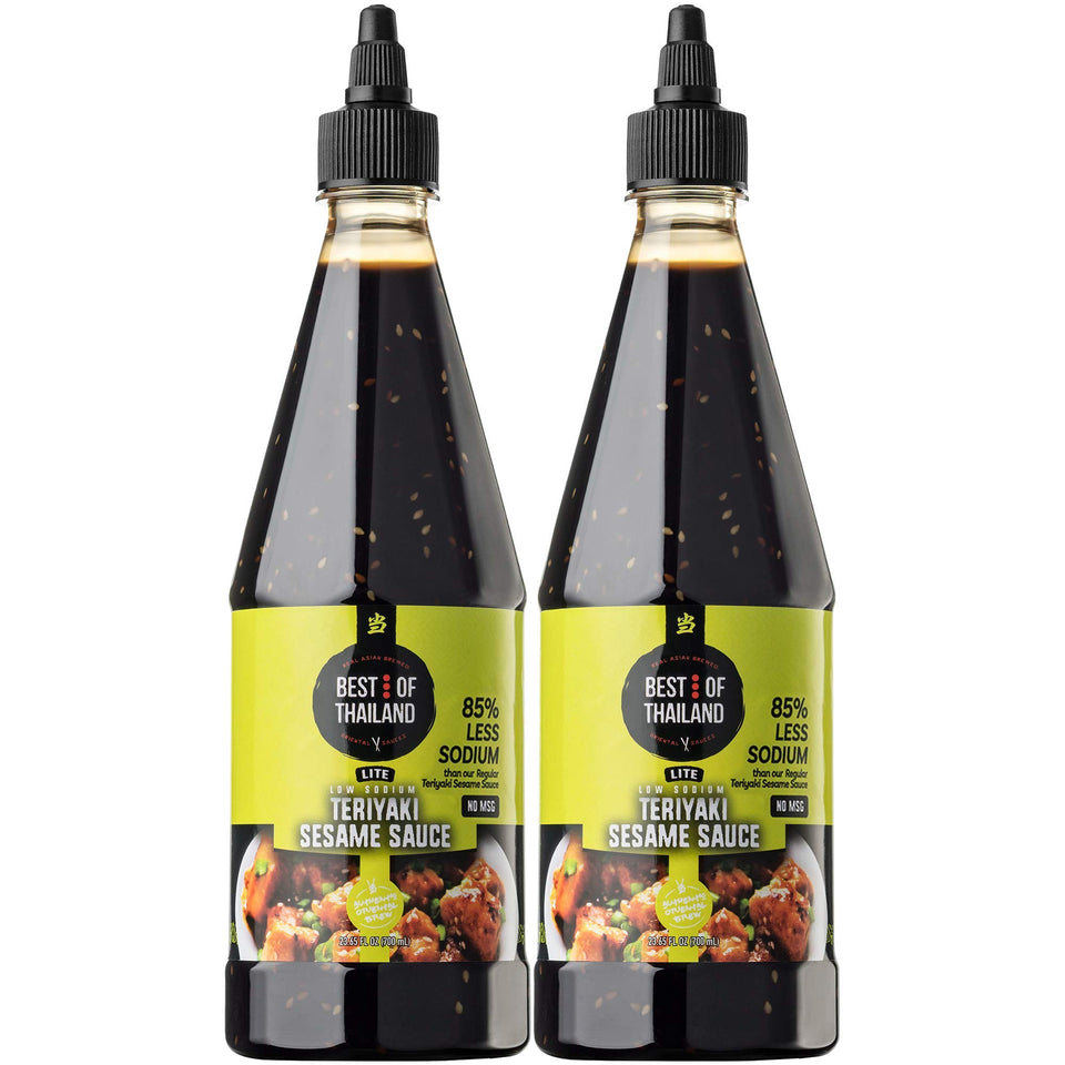 Best of Thailand Sesame Teriyaki Lite bottle pour shows glossy glaze for stir-fries
