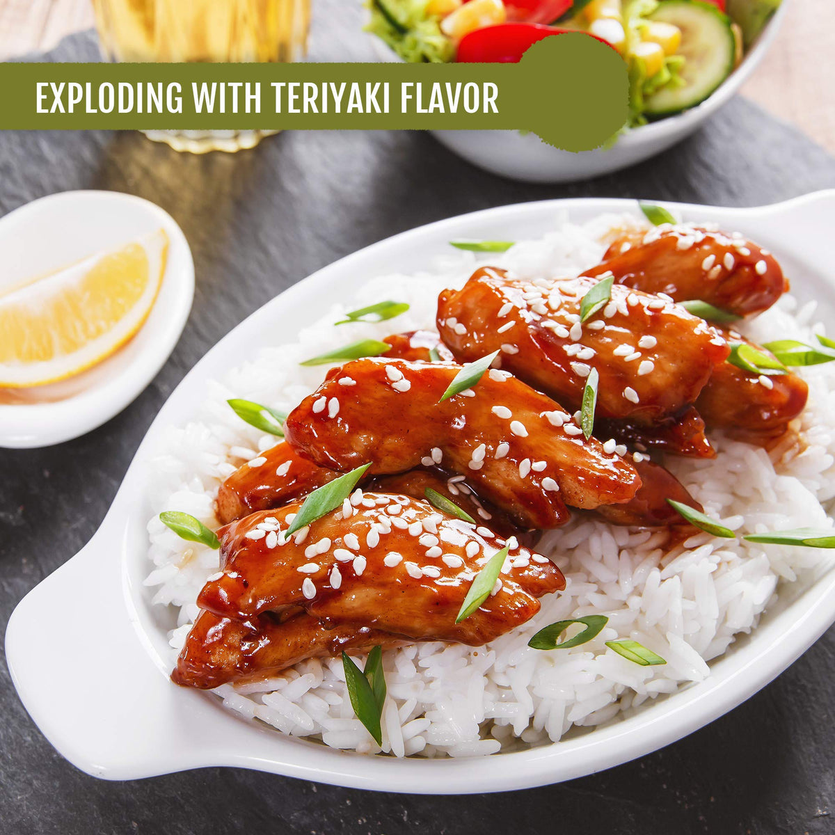 Best of Thailand sesame teriyaki lite on salad dressing and bowls