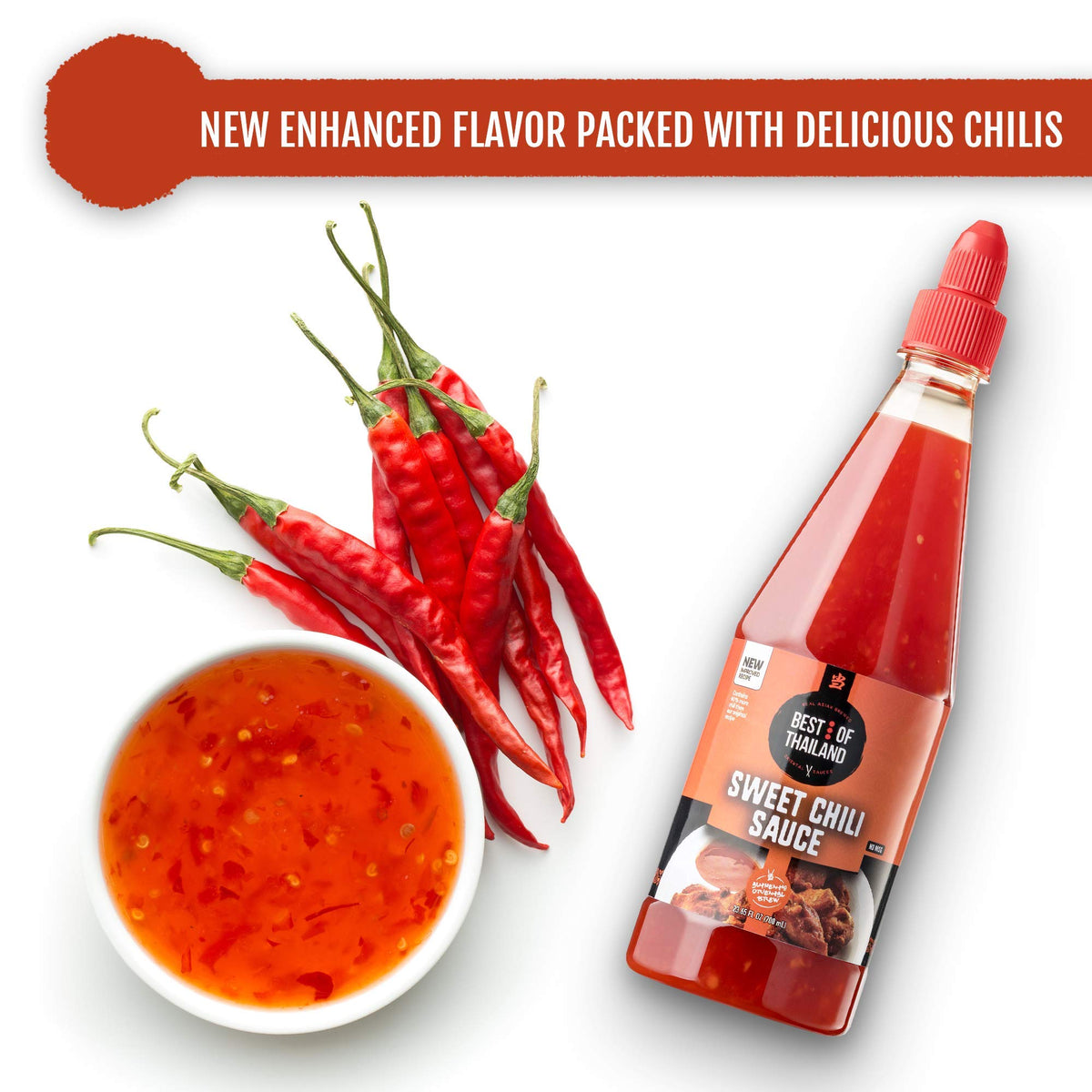 Best of Thailand Sweet Chili Sauce bottle with glossy orange glaze and chili specks.