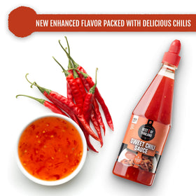 Best of Thailand Sweet Chili Sauce bottle with glossy orange glaze and chili specks.