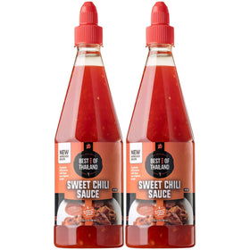 Best of Thailand Sweet Chili Sauce bottle pouring for dipping and glazing.