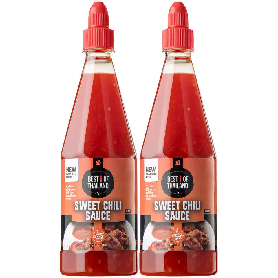Best of Thailand Sweet Chili Sauce bottle pouring for dipping and glazing.