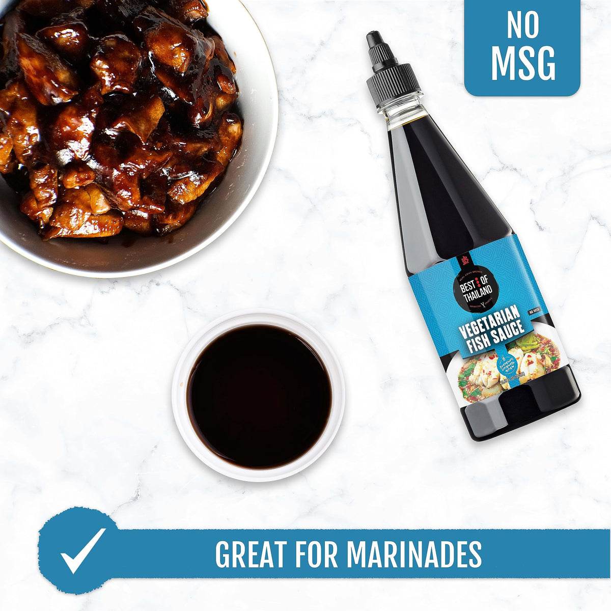Best of Thailand label shows kosher, fat-free vegan sauce for cooking.