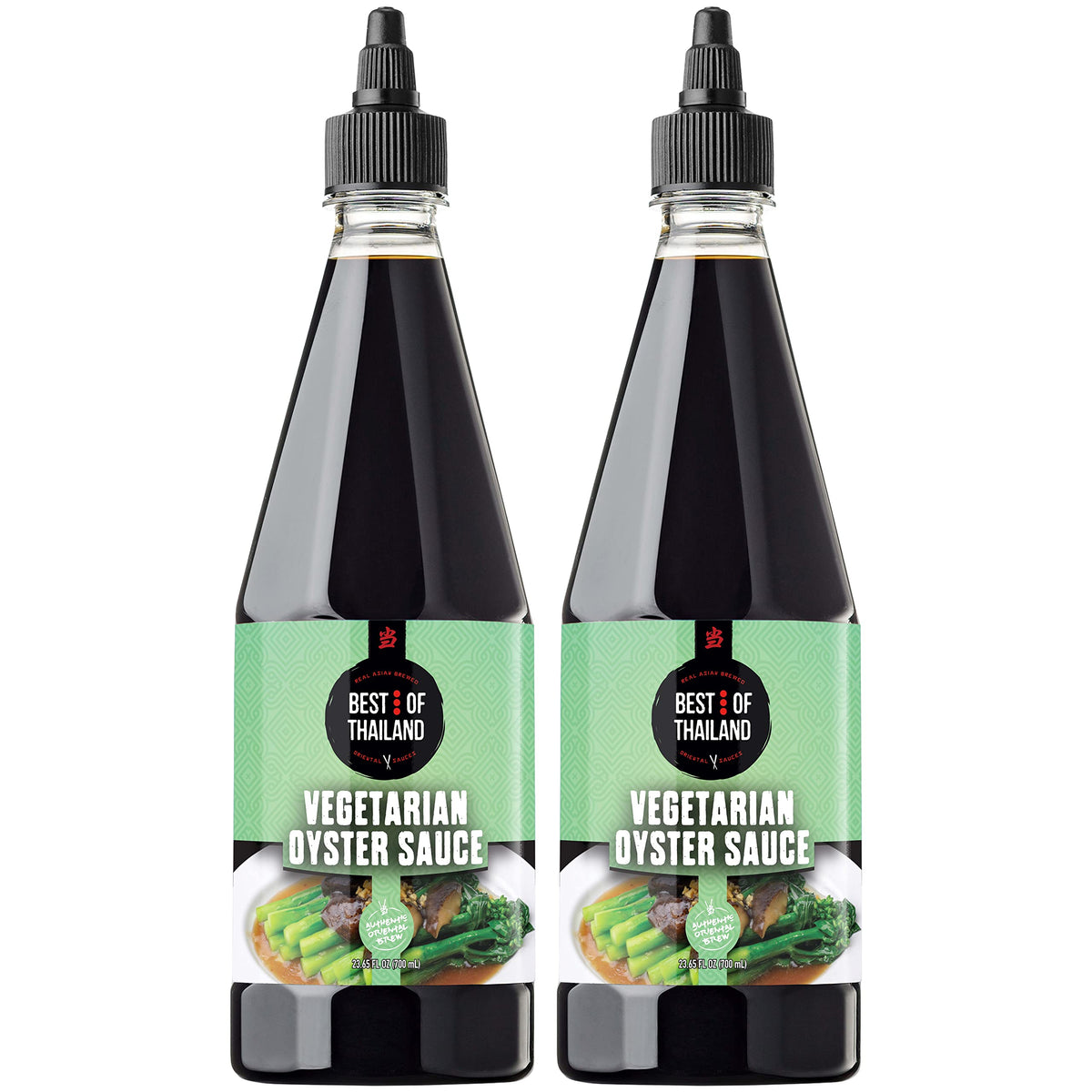 Best Of Thailand Vegetarian Oyster Sauce bottle pours over a sizzling wok for quick stir-fry