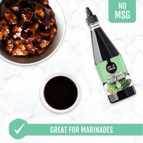 Front view of Best Of Thailand Vegetarian Oyster Sauce label for vegan, no MSG claim