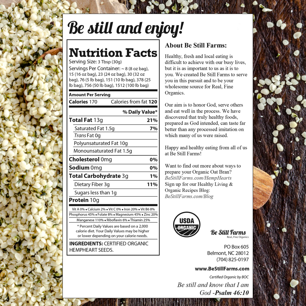 Be Still Farms hemp seeds as a protein-rich snack topping.