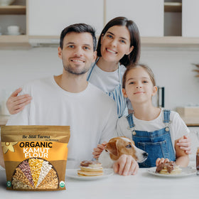 Be Still Farms Kamut Flour close-up texture, emphasizing high-fiber, nutrient-rich flour