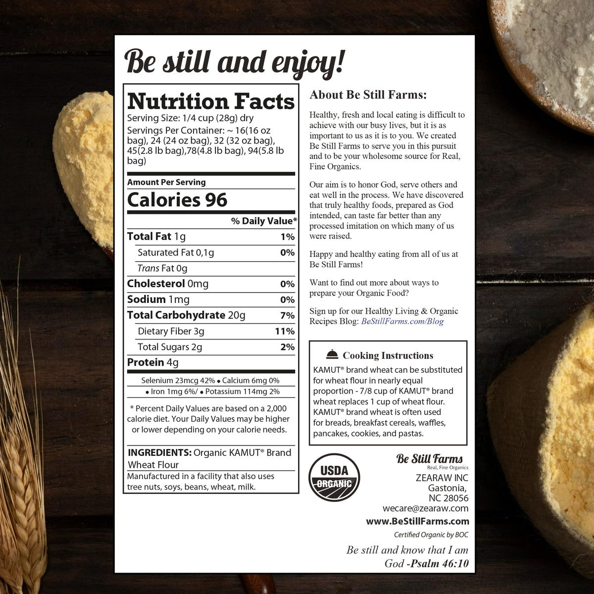 Be Still Farms Kamut Flour packaging label showing USA grown and organic certification