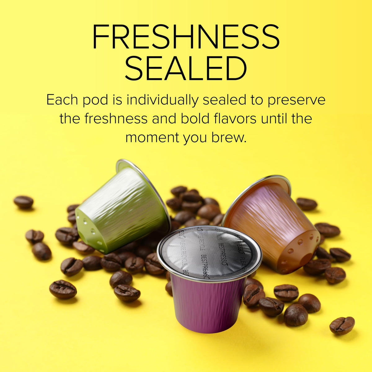 Bestpresso brew-ready aluminum pods pair with high-pressure machines for delicious shots.