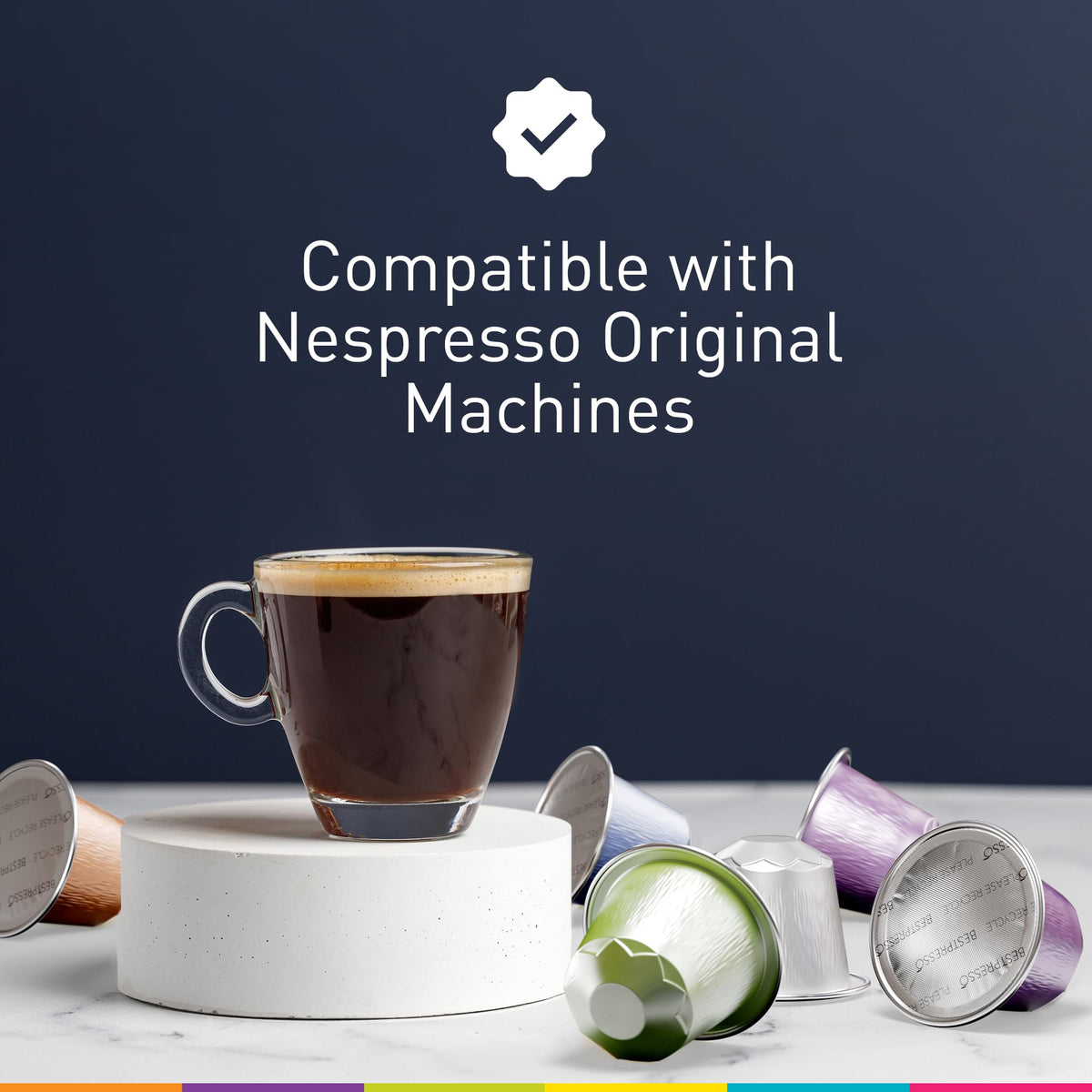 Bestpresso espresso chocolate blend pods beside a prepared cup