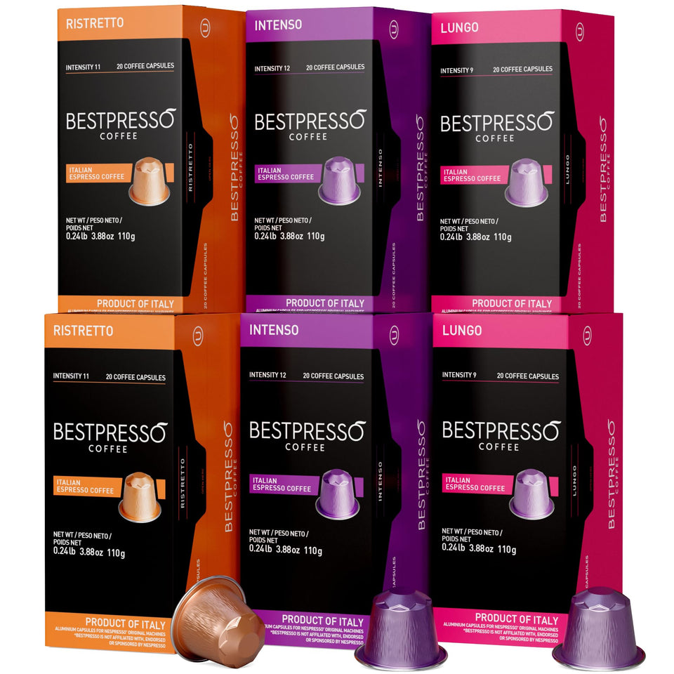 Bestpresso Intense Variety Pack boxes offer six flavors for a rich espresso experience.