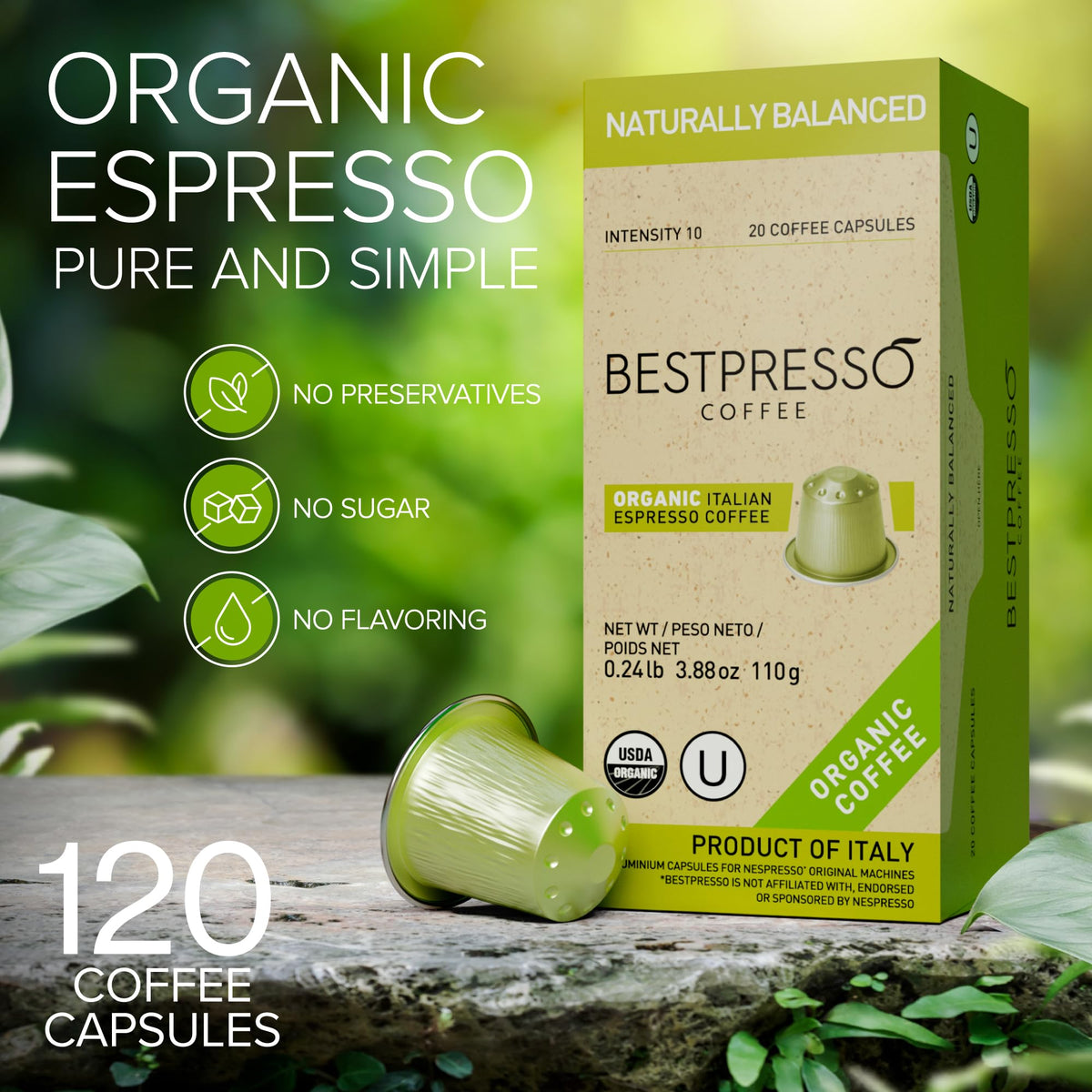 Close-up of Bestpresso pods compatible with Nespresso Original machines.