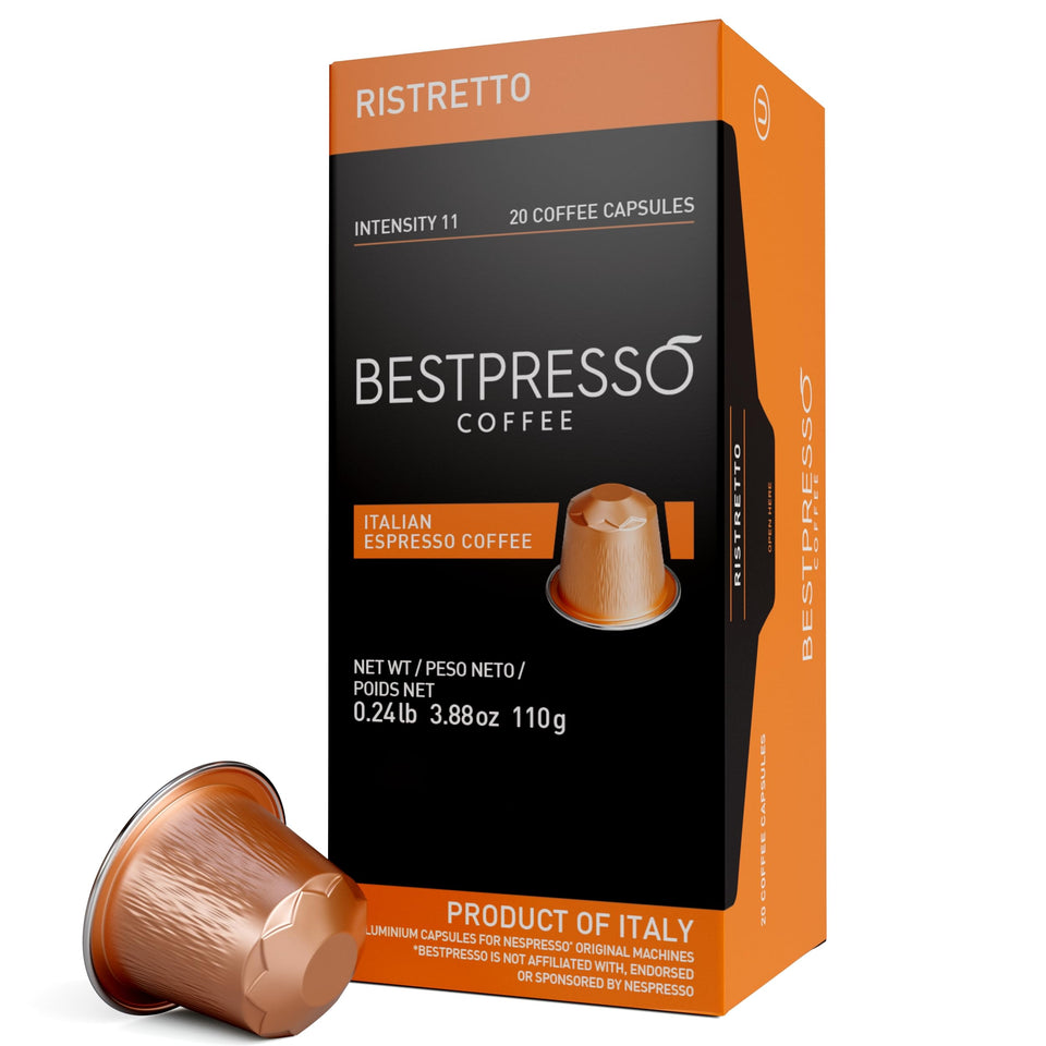 Bestpresso Nespresso Original pods in pack highlight the bold ristretto blend for a quick, concentrated espresso