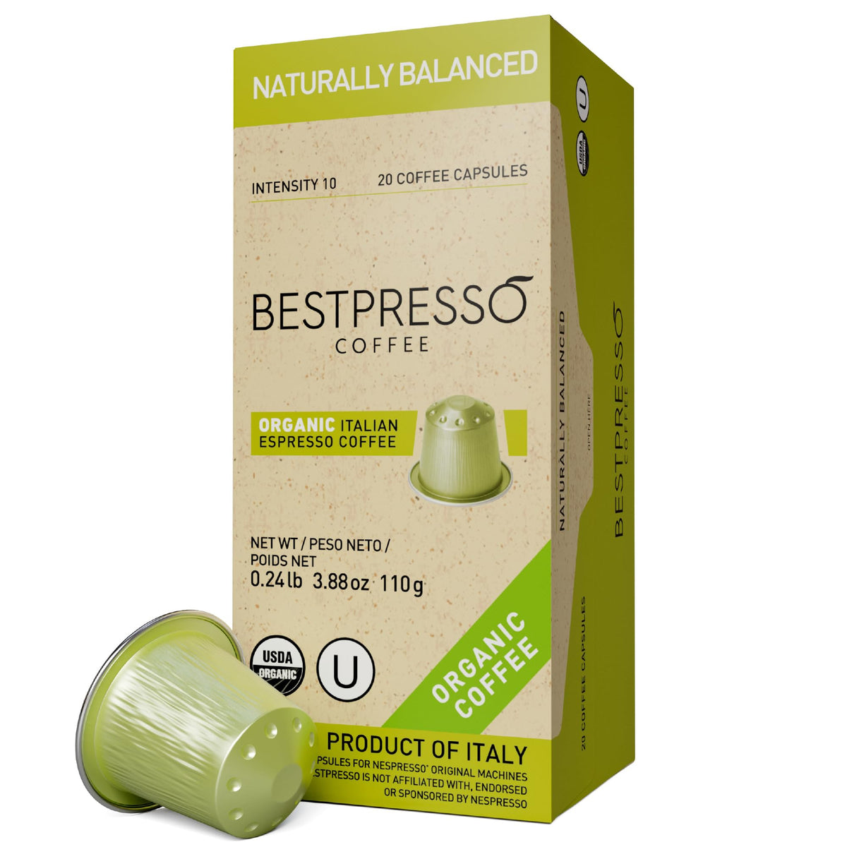 Bestpresso Organic Arabica pods designed for Nespresso Original deliver balanced espresso with smooth crema.