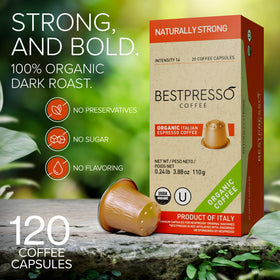 Bestpresso Organic USDA coffee pods close-up showing crema and aroma for a premium cup.
