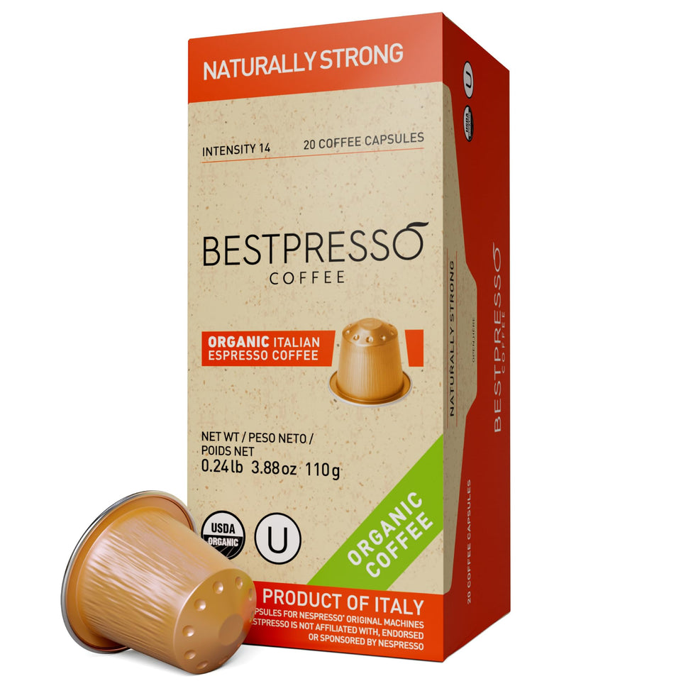 Bestpresso organic USDA coffee pods front-pack ready for Nespresso Original machines, delivering rich crema.