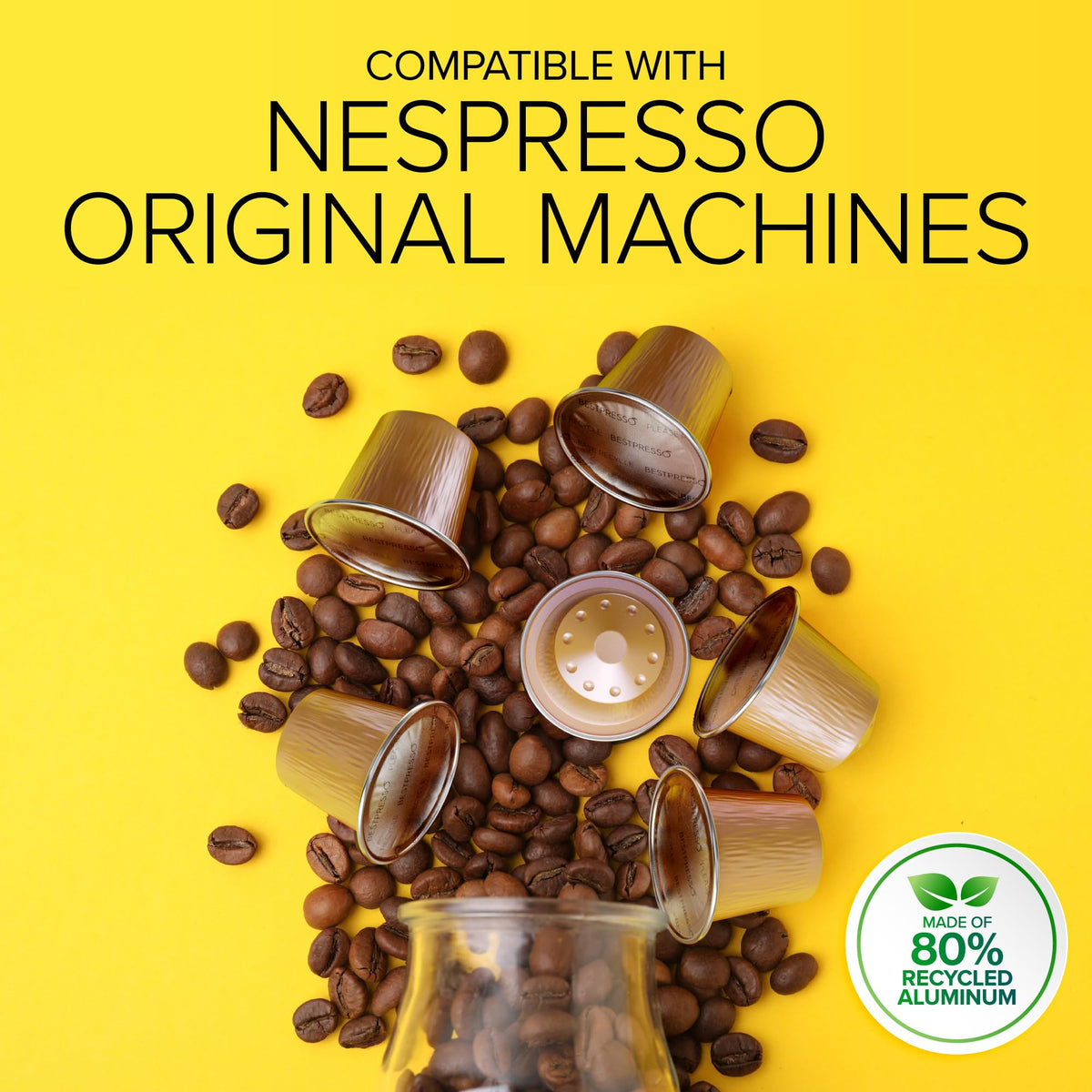 Bestpresso Organic USDA coffee pods in use with a Nespresso Original machine for bold espresso.