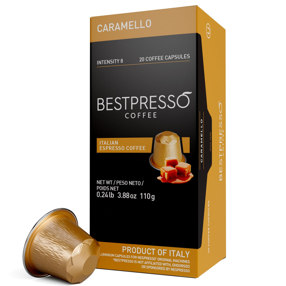 Bestpresso pack shot with 120 pods for Nespresso Original.