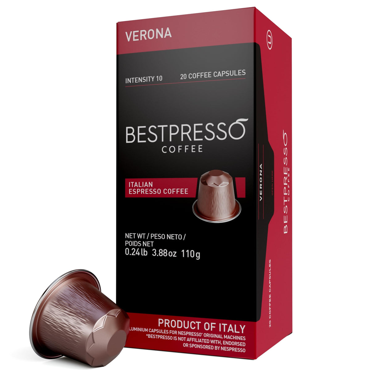 Bestpresso Verona Blend high-intensity pods in aluminum packaging for bold mornings.