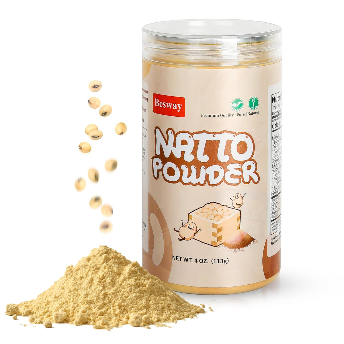 Besway Natto Powder packaging front with resealable bag for easy storage
