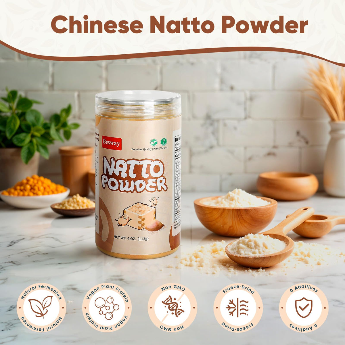 Besway Natto Powder being poured into a smoothie for quick nutrition