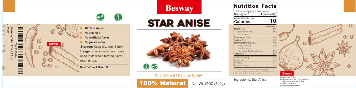 Besway Star Anise aroma-steam highlighting fragrant, licorice-like notes for tea and recipes.
