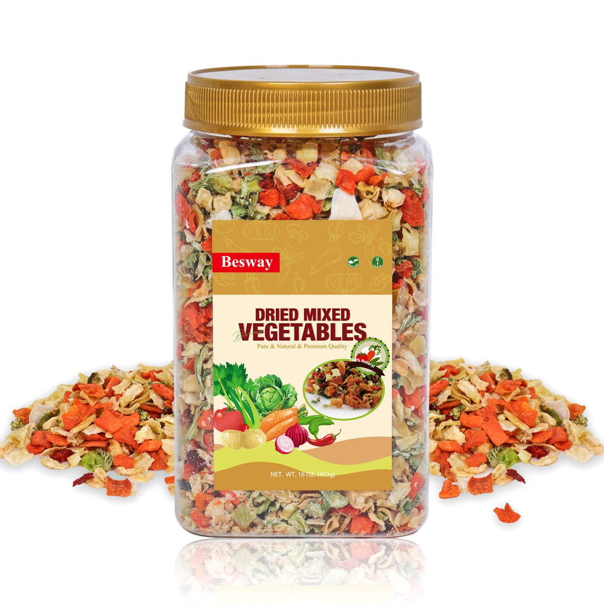 Besway dehydrated vegetables jar front showing shelf stable meal base