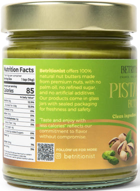 Betritionist Pistachios Cream glass jar with label in pantry.