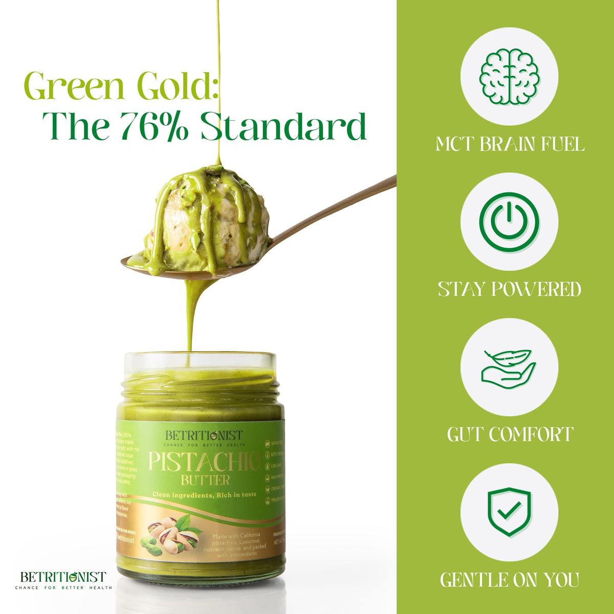 Betritionist Pistachios Cream glass jar on counter highlighting packaging.