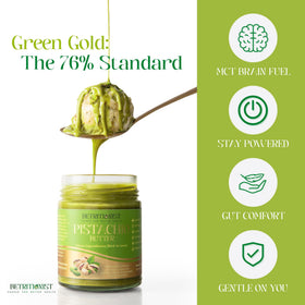 Betritionist Pistachios Cream glass jar on counter highlighting packaging.