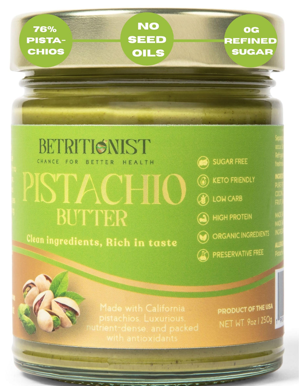 Betritionist Pistachios Cream jar close-up showing premium dairy-free spread.