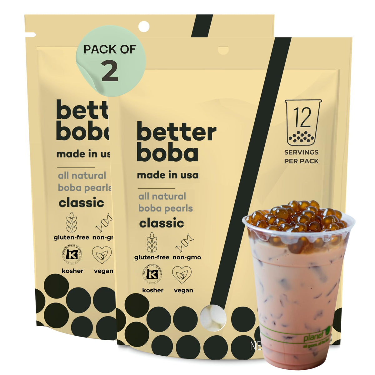 Better Boba all-natural classic pearls in packaging, gluten-free and vegan.