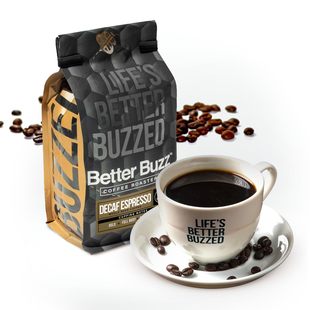 Better Buzz Decaf Espresso bag ready for at-home grinding and fresh aroma.