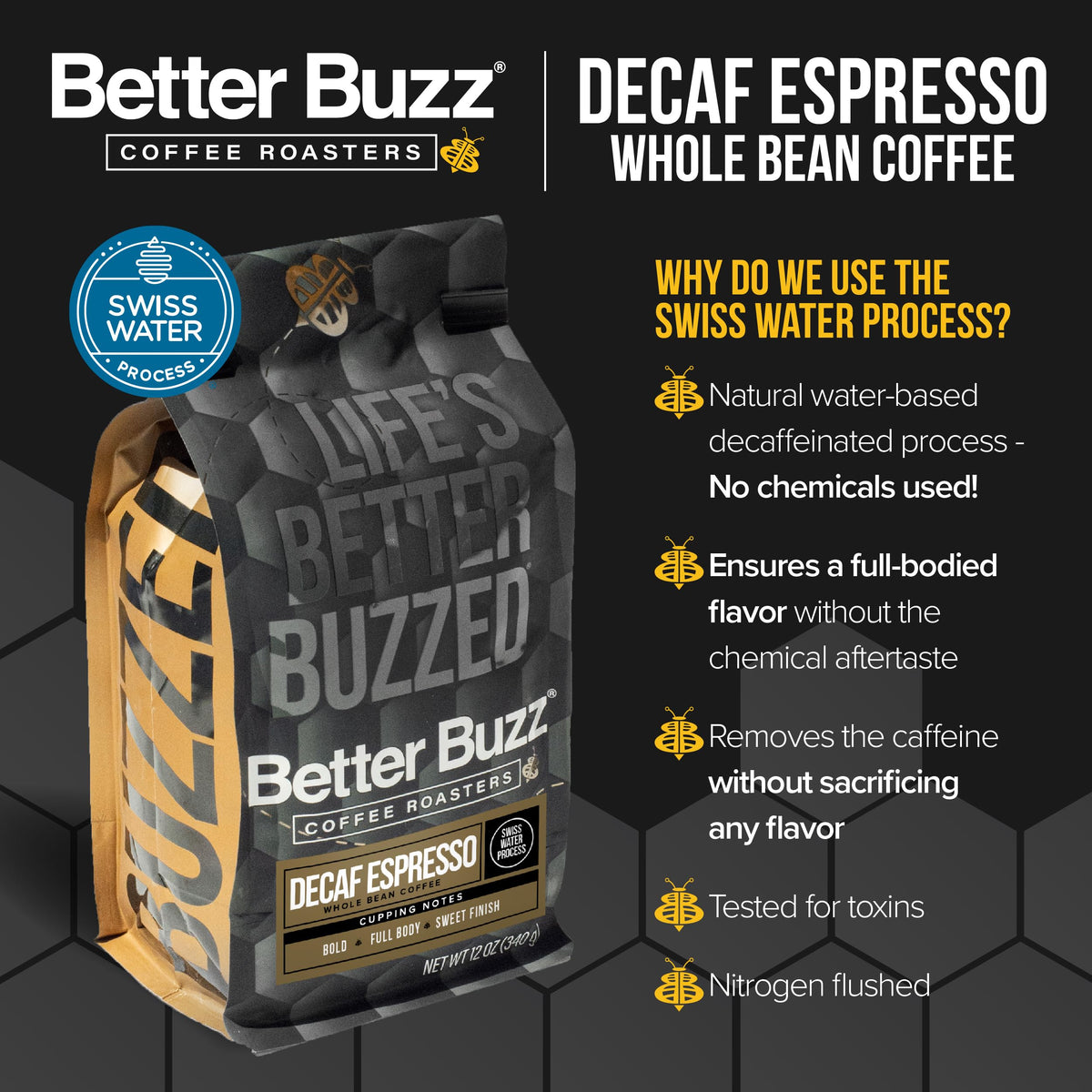 Better Buzz Decaf Espresso cup steaming showcases rich flavor for a morning pick-me-up.