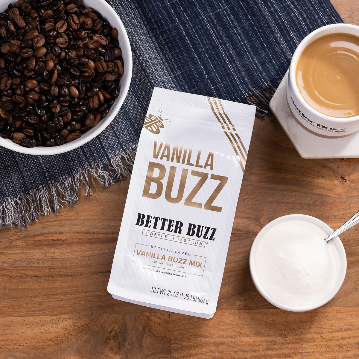 Better Buzz Vanilla Buzz Powder Creamer hot coffee serving with vanilla aroma