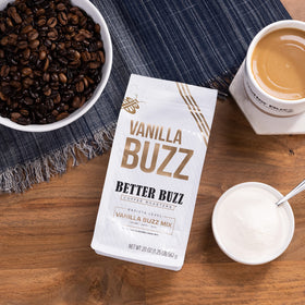 Better Buzz Vanilla Buzz Powder Creamer hot coffee serving with vanilla aroma