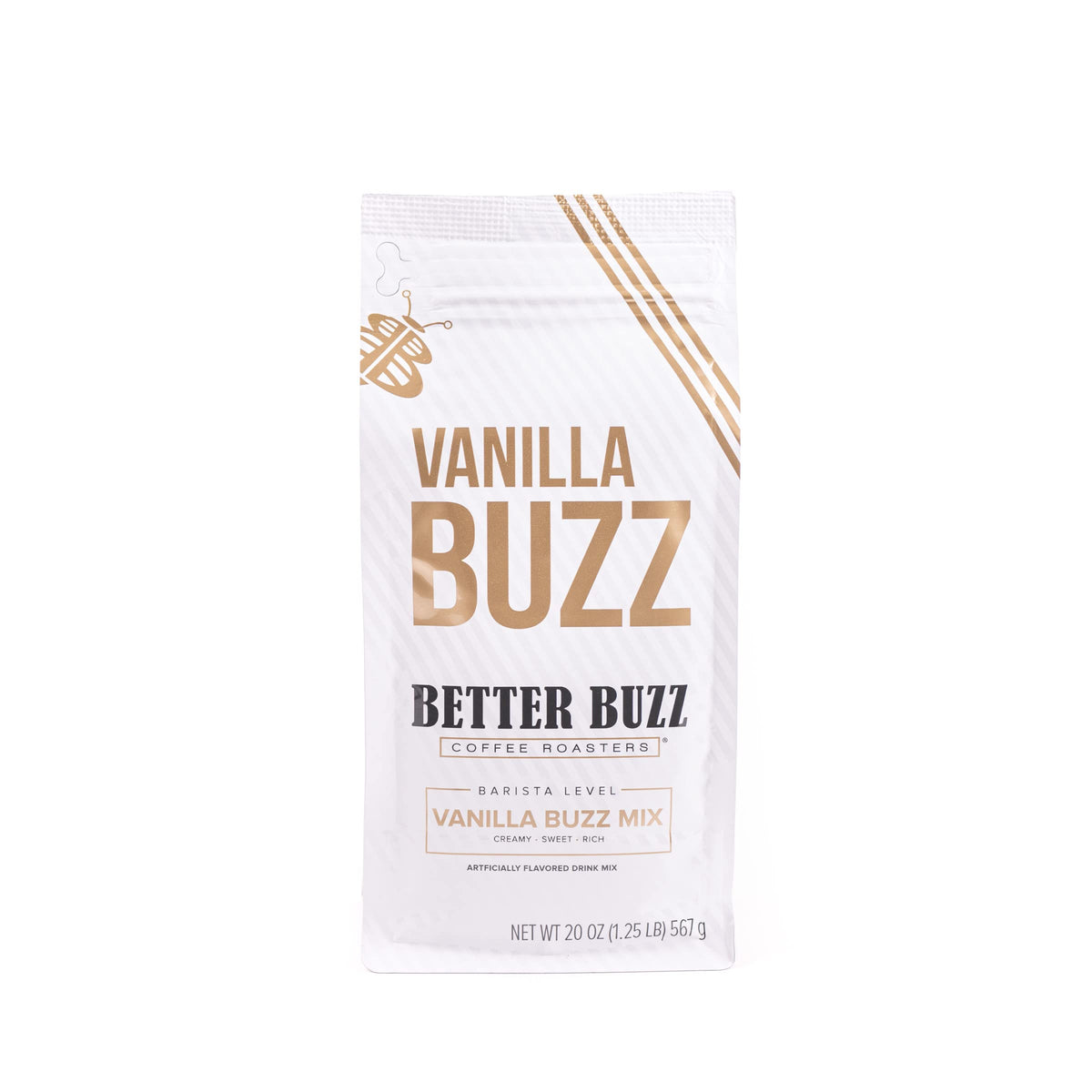 Better Buzz Vanilla Buzz Powder Creamer jar closeup highlighting creamy texture for coffee