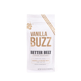 Better Buzz Vanilla Buzz Powder Creamer jar closeup highlighting creamy texture for coffee