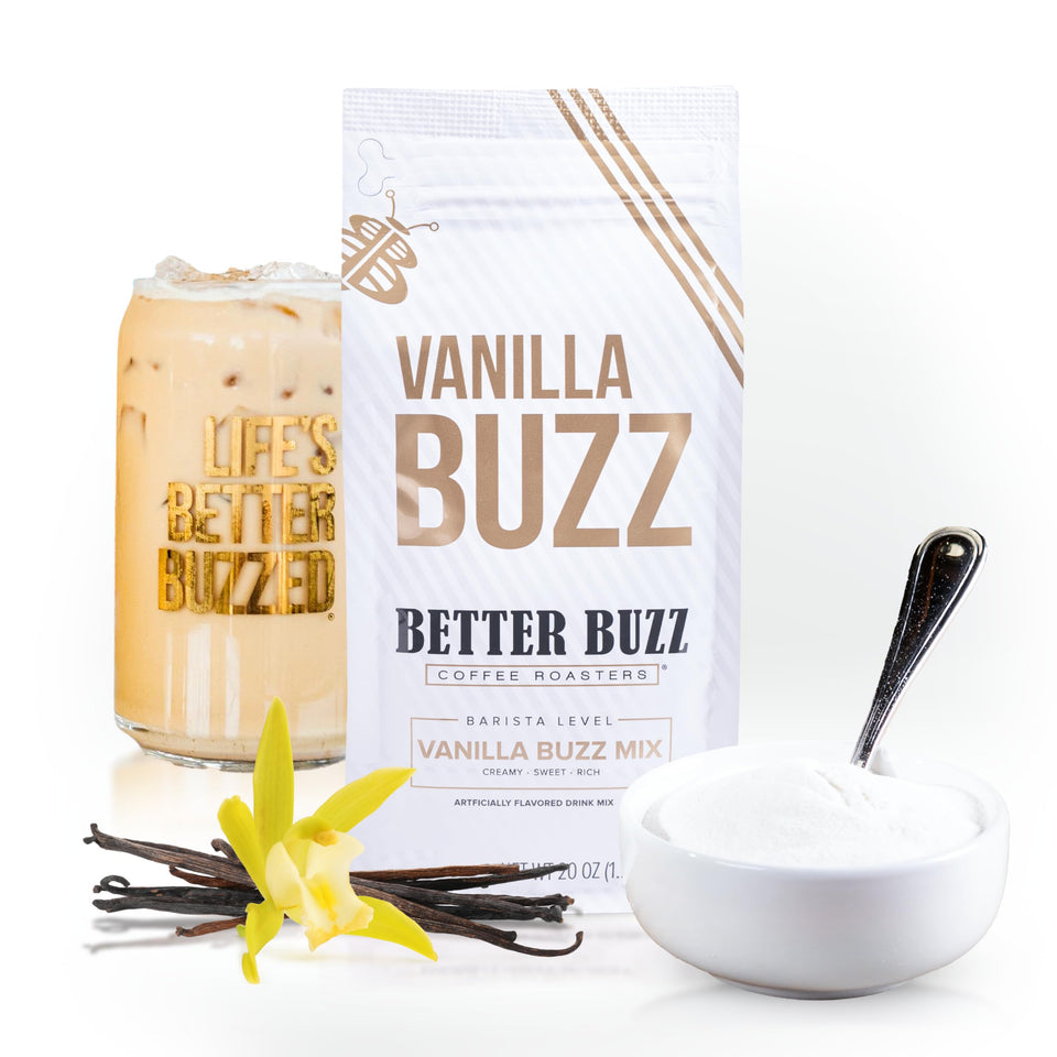 Better Buzz Vanilla Buzz Powder Creamer pack shot showing cafe-style vanilla for lattes