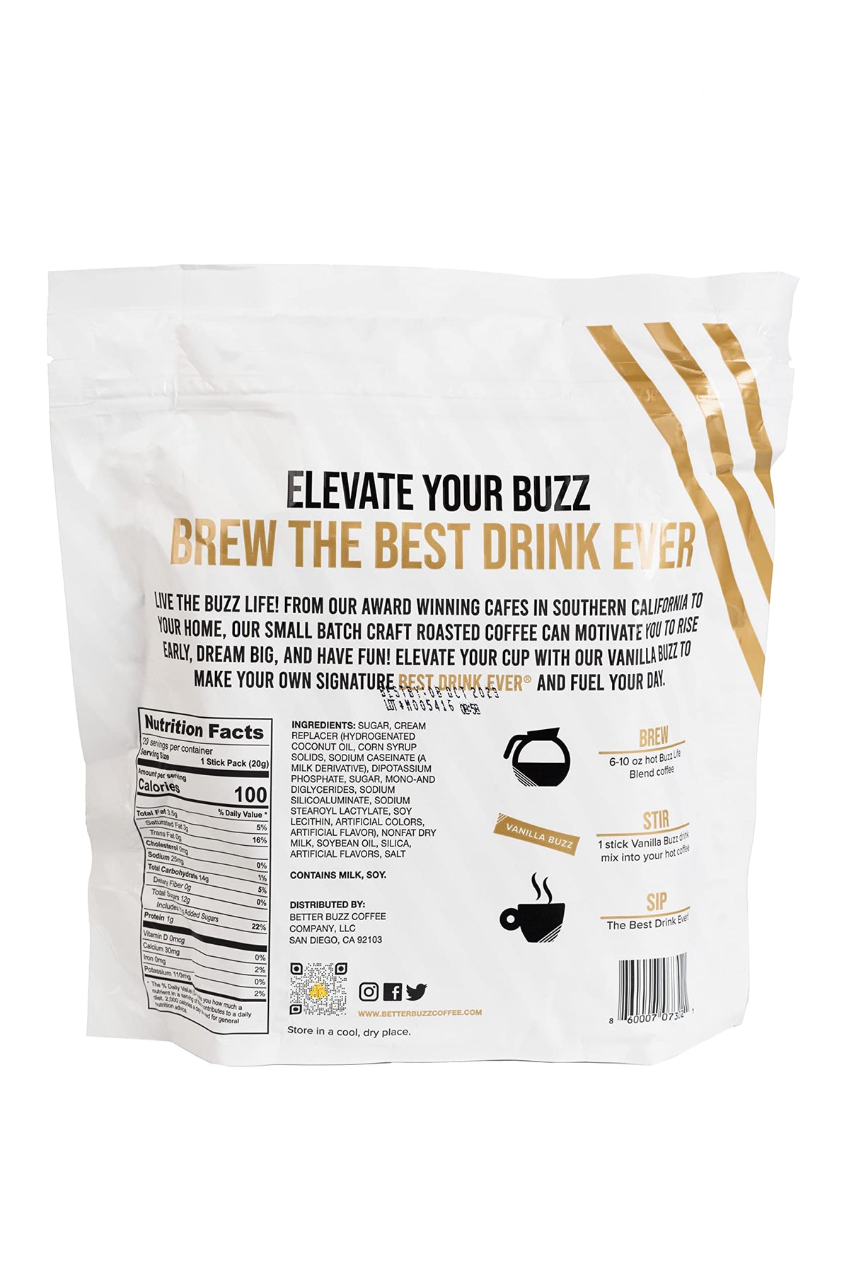 Better Buzz Vanilla Buzz powder sticks in cup show creamy vanilla coffee enhancement.