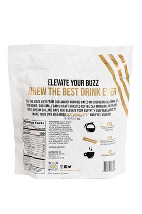 Better Buzz Vanilla Buzz powder sticks in cup show creamy vanilla coffee enhancement.