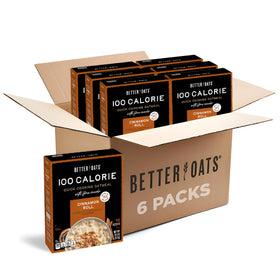Better Oats 100 Calorie Cinnamon Roll Oatmeal box highlighting whole grain oats for a quick, wholesome breakfast.