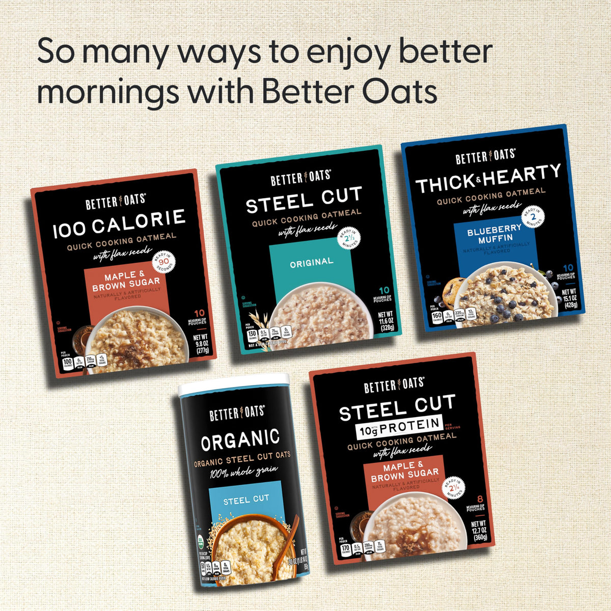 Nutrition panel shows 28g whole grains per serving for balanced mornings