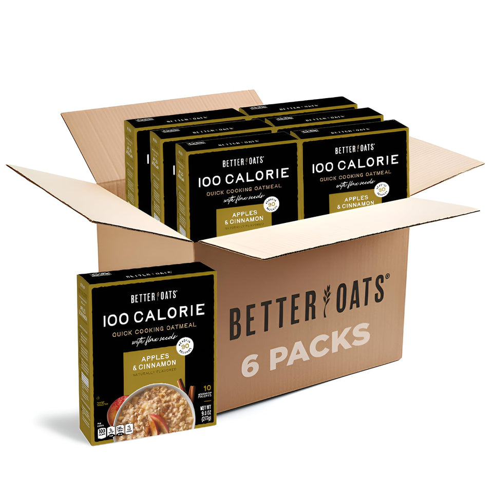 Better Oats apples and cinnamon oatmeal packaging showing six boxes for quick mornings