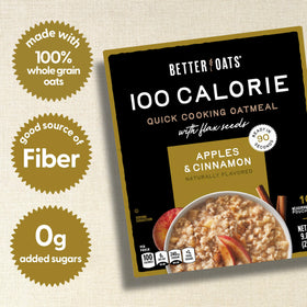Better Oats apple cinnamon oatmeal packet closeup with real apples and flax