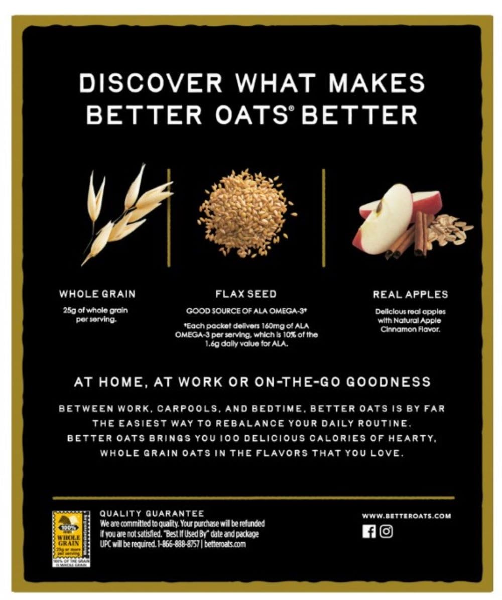 Better Oats Apples Cinnamon instant oats, microwave-ready for quick starts.