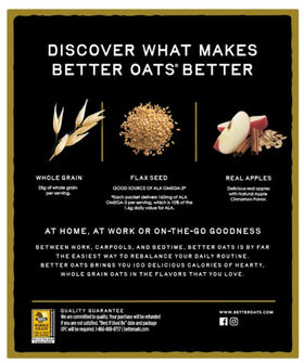 Better Oats Apples Cinnamon instant oats, microwave-ready for quick starts.